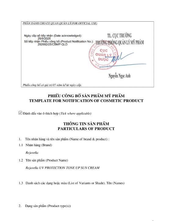 Giấy công bố sản phẩm Rejuvella tại Việt Nam